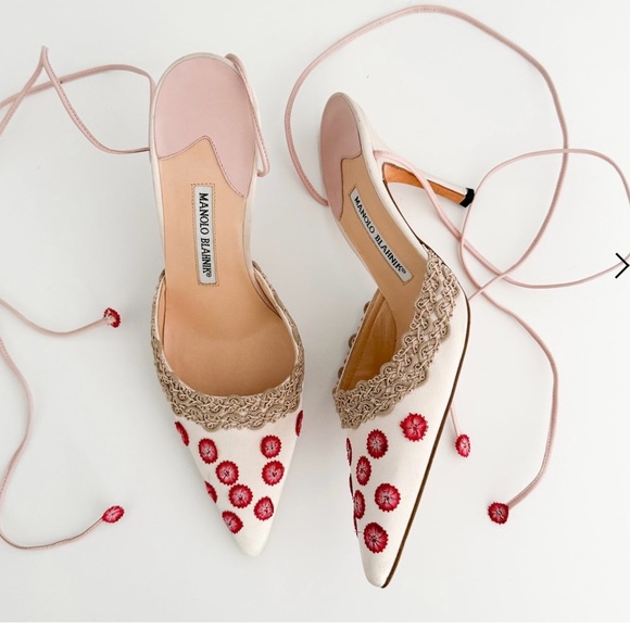 Manolo Blahnik flower embellished ankle wrap mules - Picture 1 of 14